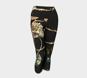 black and gold color palette with dragonflies and butterflies throughout capri pants