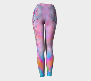 a playful pink candy inspired print adorn these high waisted compression leggings 