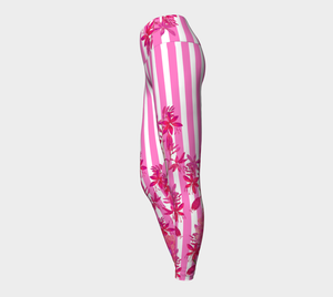 Featuring gorgeous pink stripes and florals adorn these high-waisted compression leggings.