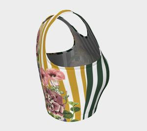 This athletic top has green stripes on the front and yellow stripes on the back, overlayed with gorgeous florals.