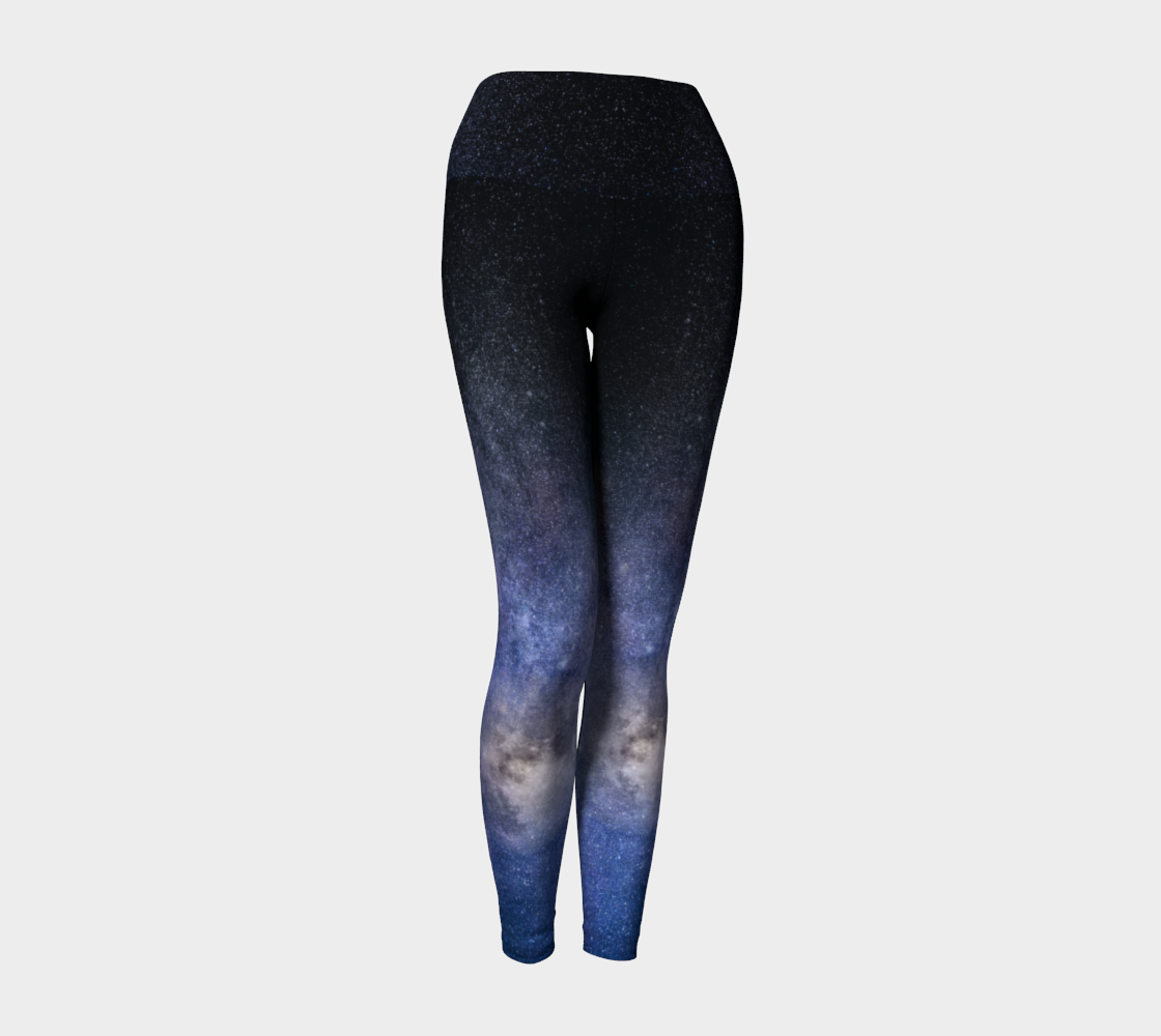 High waisted compression leggings with space imagery and sporty stripes