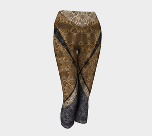 High waisted compression capris Featuring snakeskin color blocking in a neutral color palette.