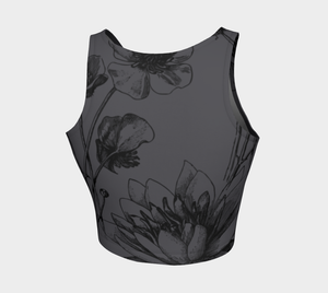 Black florals sit atop a charcoal background on this athletic top.