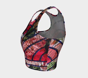An artistic blend of pink mosaic tiles and vintage botanicals on this athletic tops