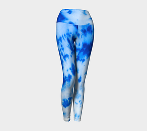 blue and white tie dye style compression leggings