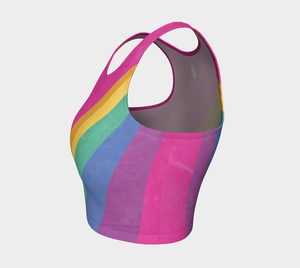 Rainbow color blocking against a bright pink backdrop adorn this athletic top