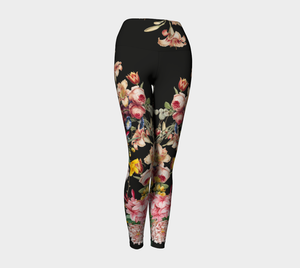 A deep black midnight acts as the background for brilliant beautiful florals on these compression leggings