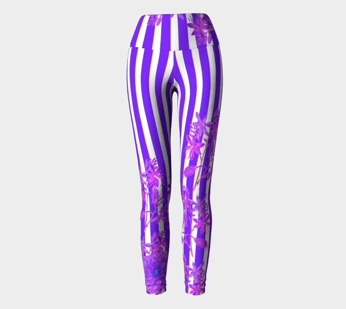 Featuring gorgeous purple stripes and florals adorn these high-waisted compression leggings.