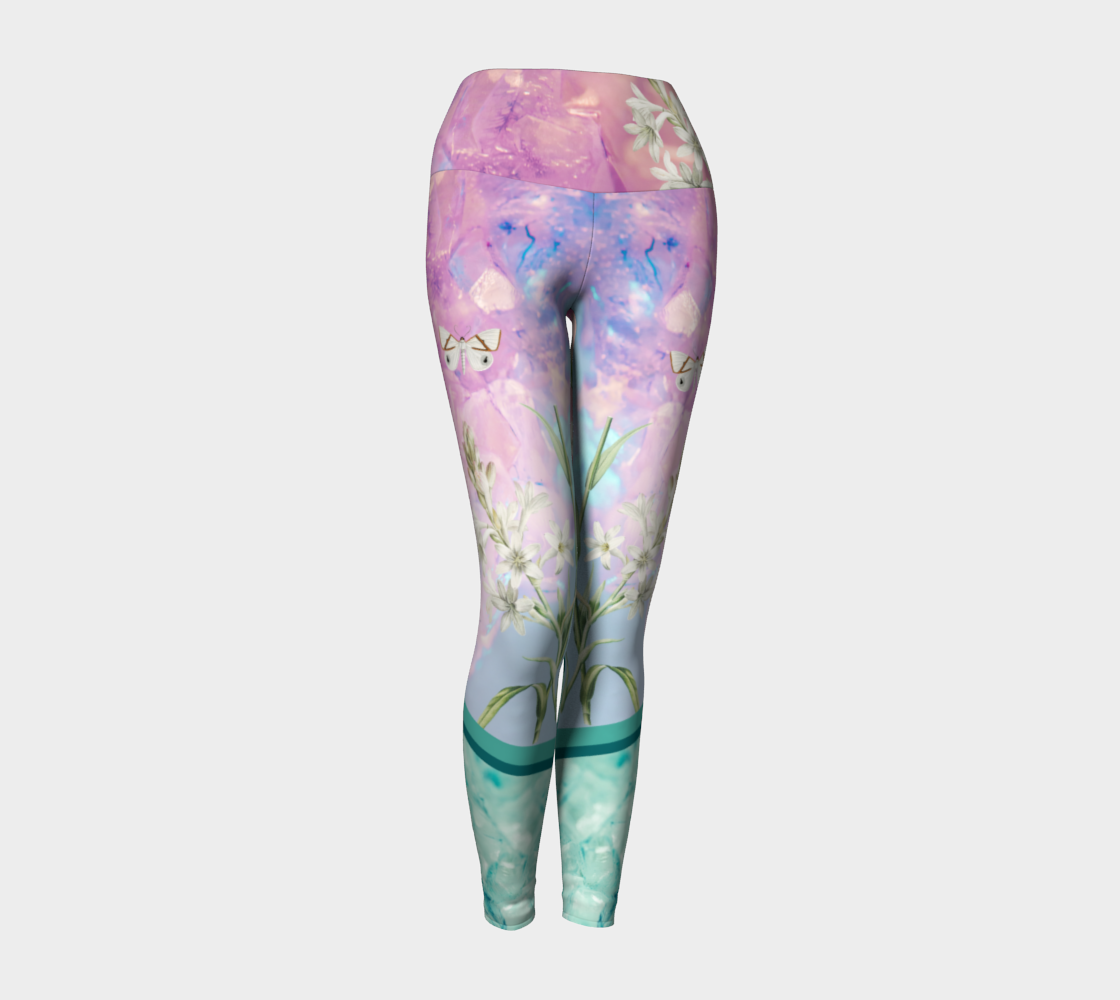 A unique blend of crystal imagery and butterfly florals adorns these compression leggings