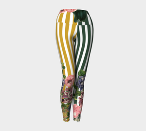 High-waisted compression leggings with yellow and green stripes and gorgeous vintage botanicals.