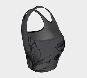 Black florals sit atop a charcoal background on this athletic top.