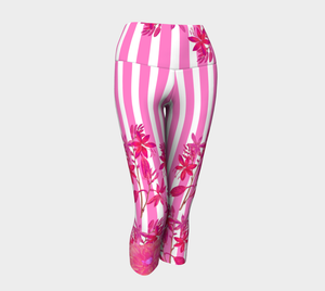 Featuring gorgeous pink stripes and florals adorn these high-waisted compression capri length leggings.