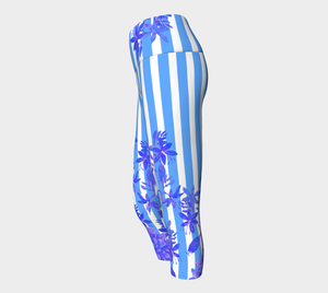 Featuring gorgeous blue stripes and florals adorn these high-waisted compression capri length leggings.
