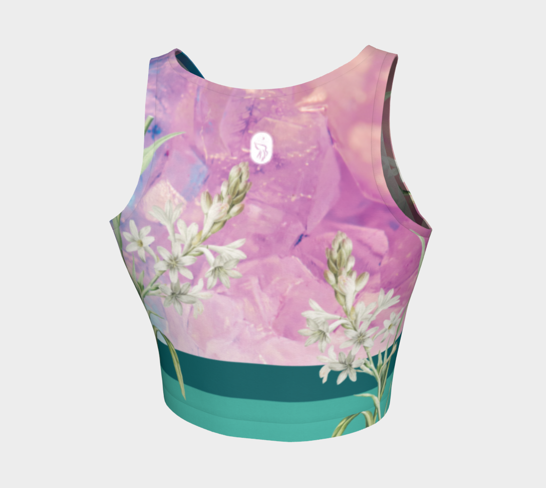 A unique blend of crystal imagery and butterfly florals adorns this athletic top