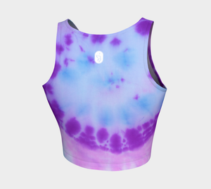 Beautiful starburst tie dye patterns in blues, pinks and purple on this athletic top