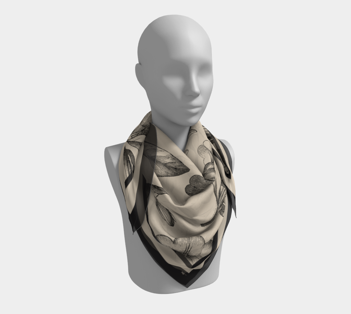 100% pure silk charmeuse luxury scarf featuring vintage botanicals against an ivory background.