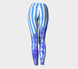 Featuring gorgeous blue stripes and florals adorn these high-waisted compression leggings.