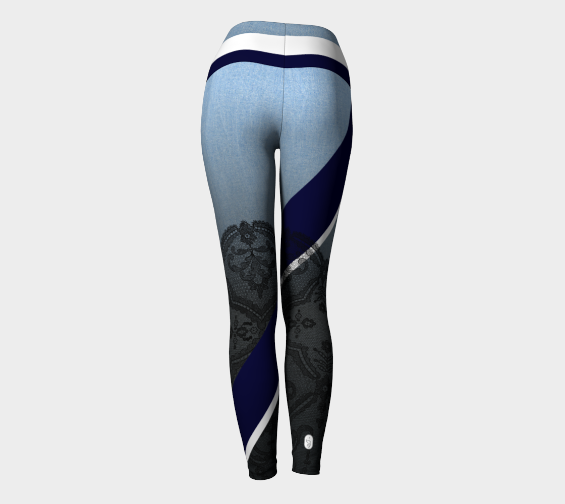 Sexy lace sits atop a denim backdrop with bold stripes as accents on these compression leggings