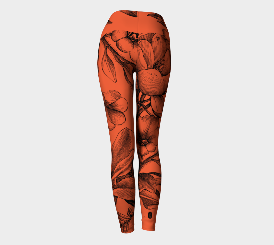 Black botanicals set against a red background on these compression high-waisted legggings.