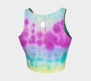 Slightly muted rainbow tie dye print on this athletic top
