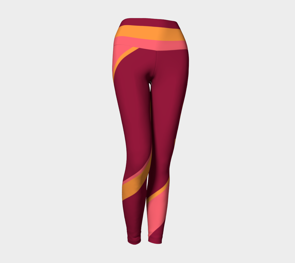 Our signature color block style in wine, pink and orange color palette, with the word "Goddess" down one leg, on these high-waisted compression leggings.