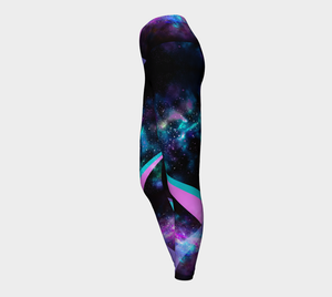 high wasted compression leggings featuring beautiful galaxy imagery and colorful stripes