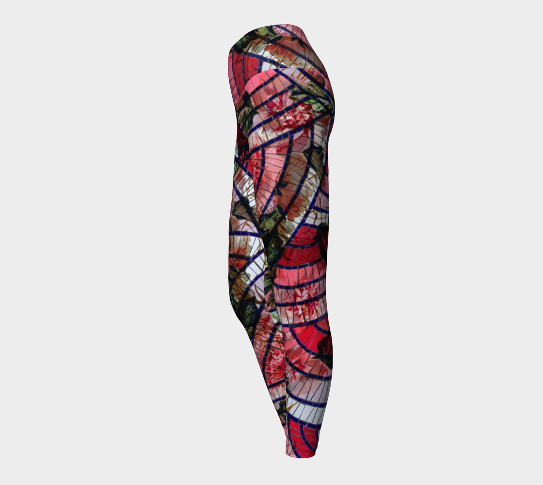 An artistic blend of pink mosaic tiles and vintage botanicals on these compression leggings