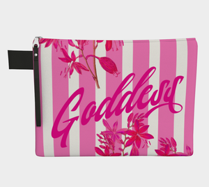Luxe canvas pouch, fully lined with vegan leather details, featuring our pink stripes and florals print with the word "Goddess" on the front.