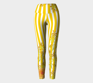 Featuring gorgeous yellow stripes and florals adorn these high-waisted compression leggings.