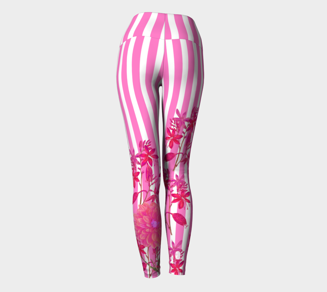 Featuring gorgeous pink stripes and florals adorn these high-waisted compression leggings.