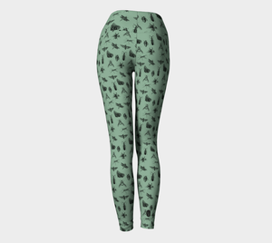 High waisted compression leggings with a vintage bug pattern in mint green