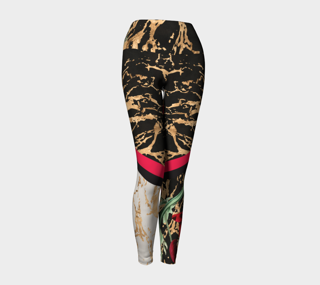 Red botanicals splash onto a gold splattered background on these compression leggings