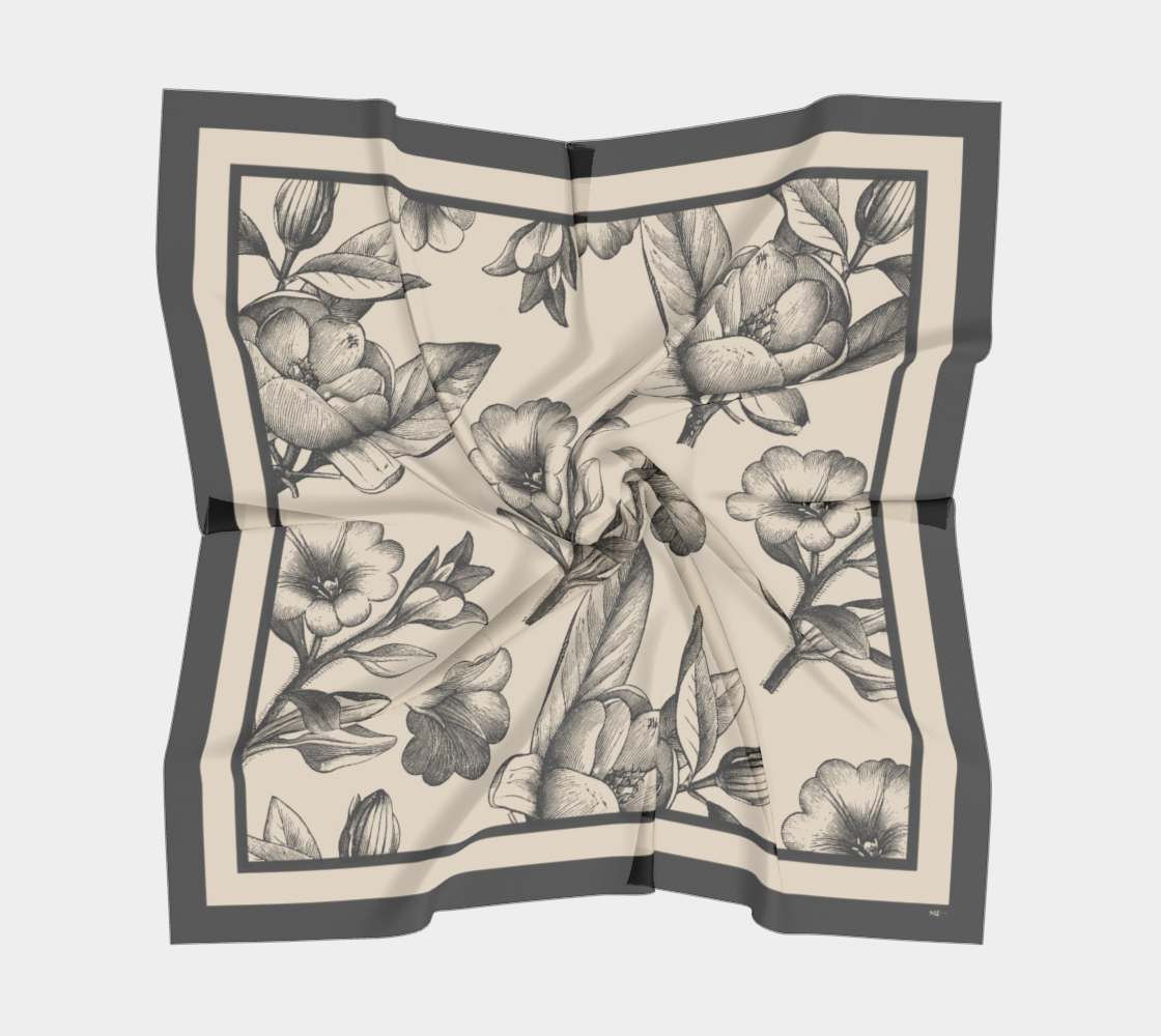 100% pure silk charmeuse luxury scarf featuring vintage botanicals against an ivory background.