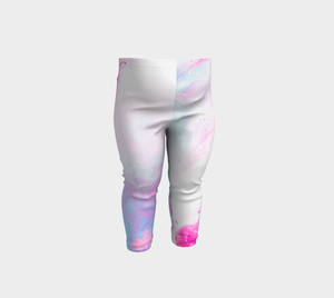 Ethereal pink and blue print against a white background on these little kid leggings