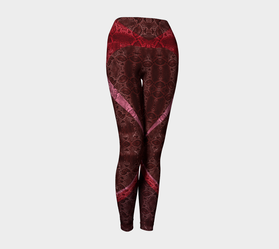 High waisted compression leggings in a red and pink snakeskin print