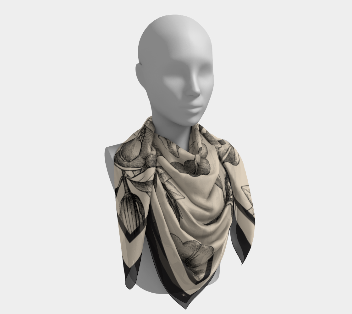 100% pure silk charmeuse luxury scarf featuring vintage botanicals against an ivory background.