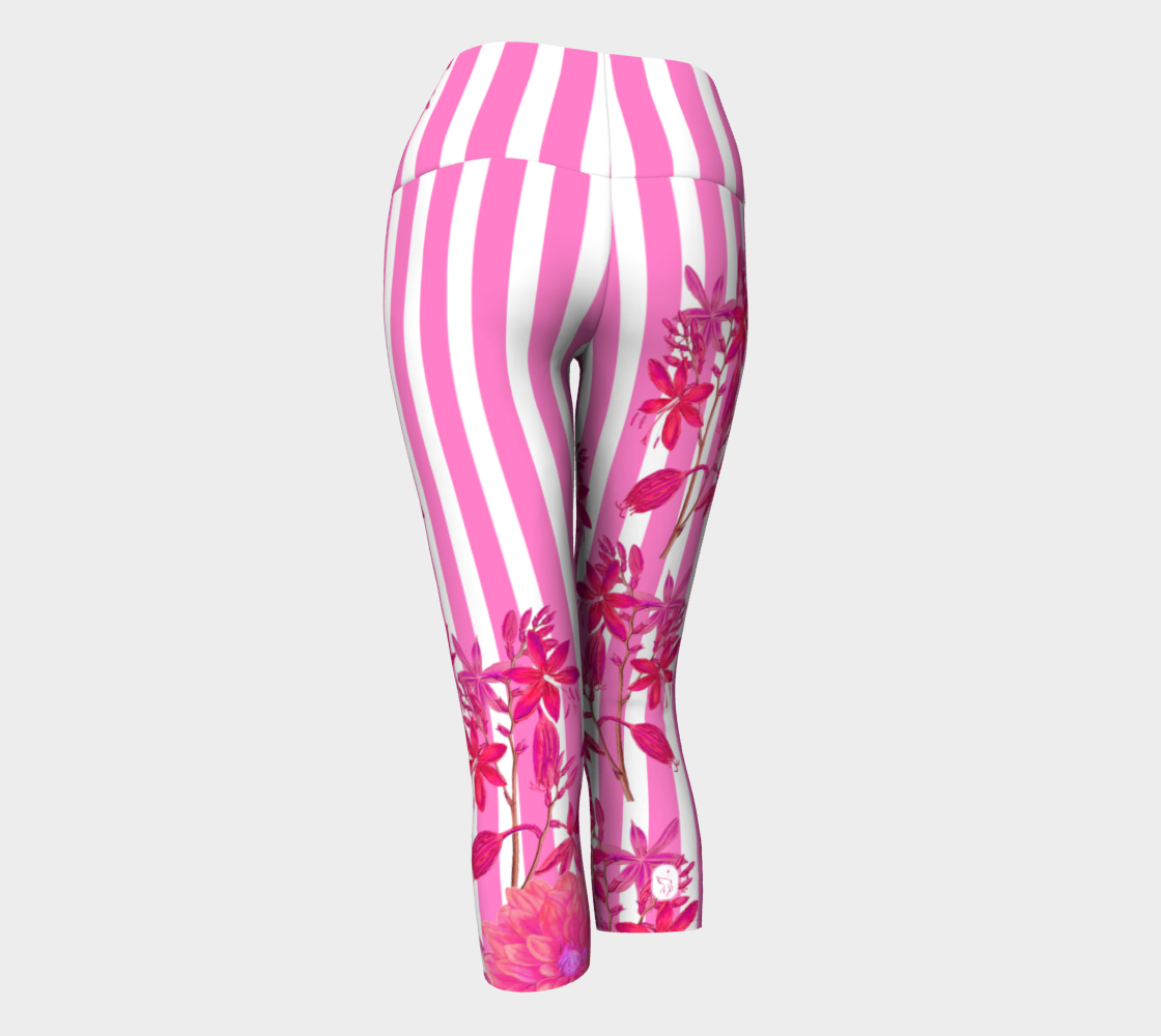 Featuring gorgeous pink stripes and florals adorn these high-waisted compression capri length leggings.