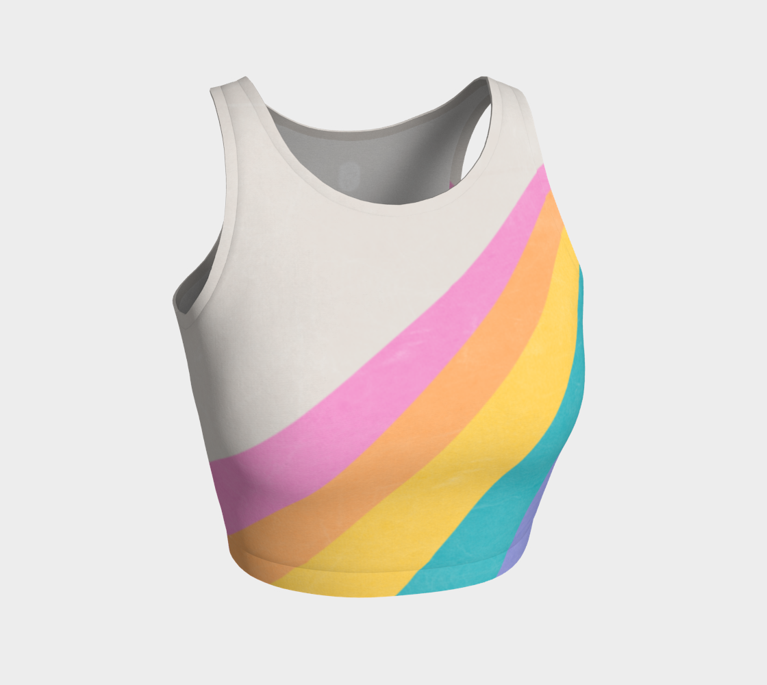 A color block style featuring a colorful rainbow adorn this athletic top