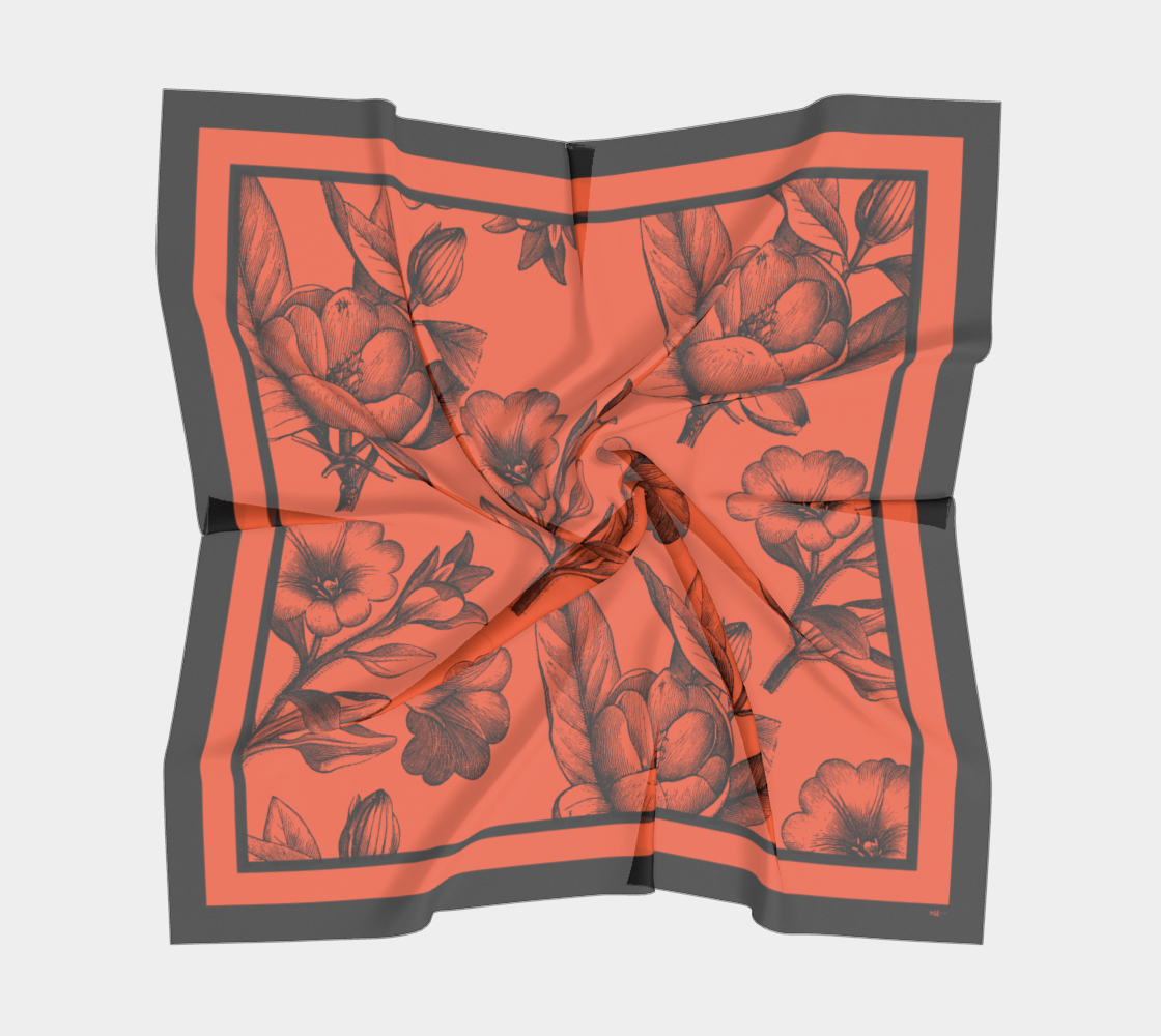 Red 100% silk charmeuse square scarf with black botanicals, available in 4 luxurious sizes.