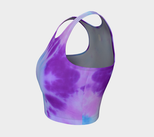 Beautiful starburst tie dye patterns in blues, pinks and purple on this athletic top