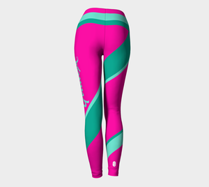 Our signature color block style in a vibrant pink & mint with the word "Goddess" down one leg, on these high-waisted compression leggings.