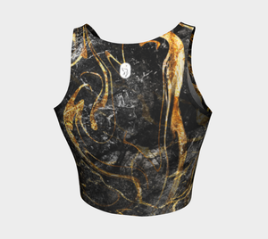 Black and Gold ethereal patterns evoke moon dust on this athletic top