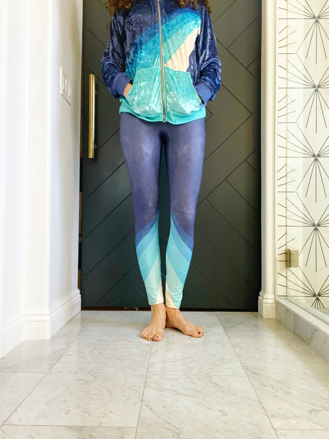 blue mod color block style compression leggings