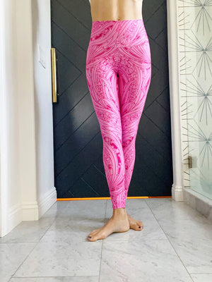 Pink art deco print adorn our signature compression high-waisted leggings.