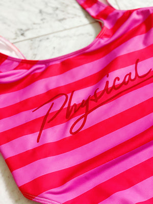 Retro swim/body suit in pink and red stripes with the word physical on the front.