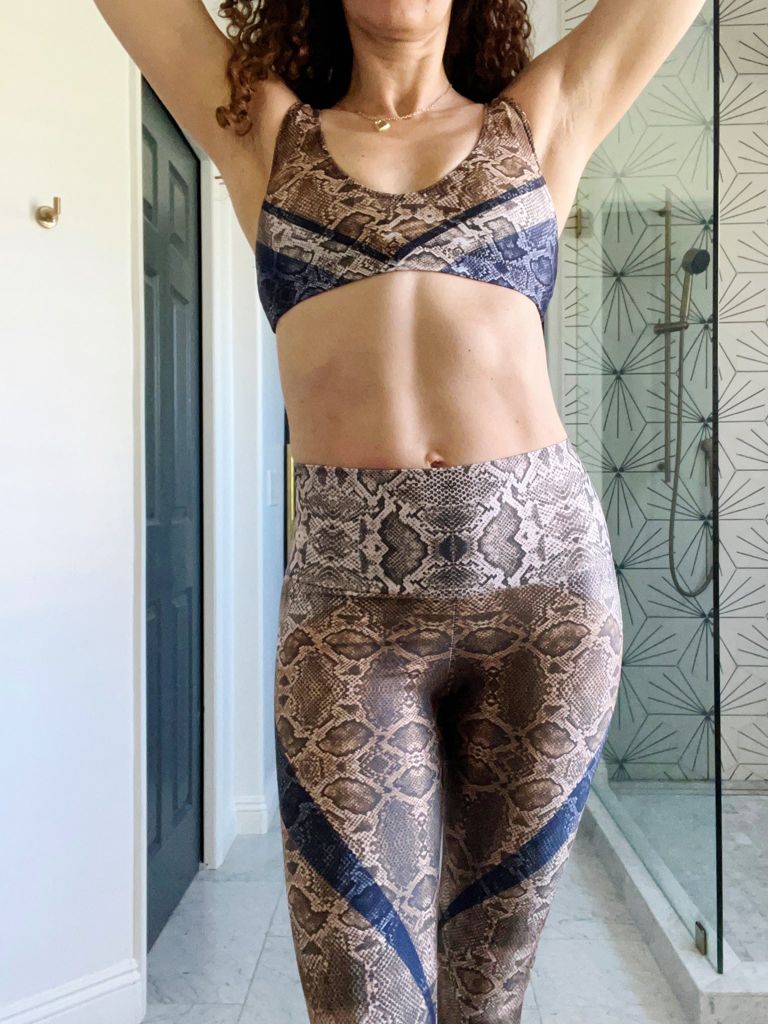 High waisted compression leggings in a natural color palette and snakeskin print.