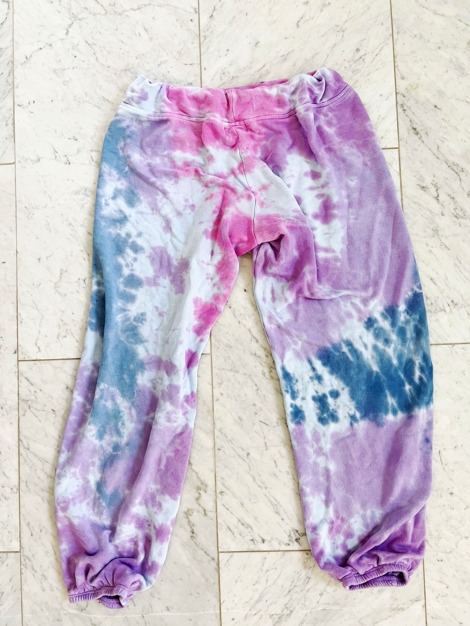 Hand dyed one of a kind ultra soft sweatpants in purples, pinks and blues
