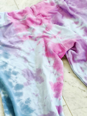 Hand dyed one of a kind ultra soft sweatpants in purples, pinks and blues