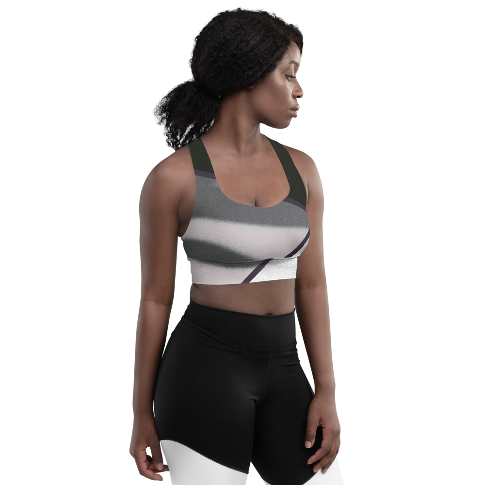 Color block print in black and white adorn this sports bra.