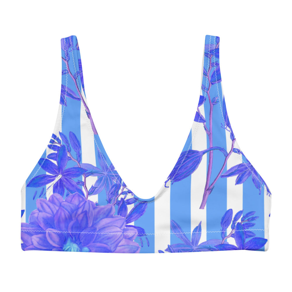 Recycled bikini sports bralette with removable pads with blue stripes and florals